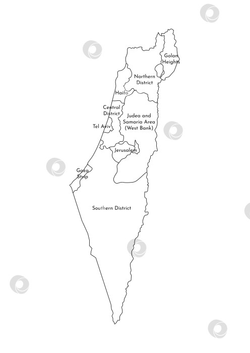 Скачать Векторная изолированная иллюстрация упрощенной административной карты Израиля. Границы и названия районов (областей). Силуэты в виде черных линий. фотосток Ozero