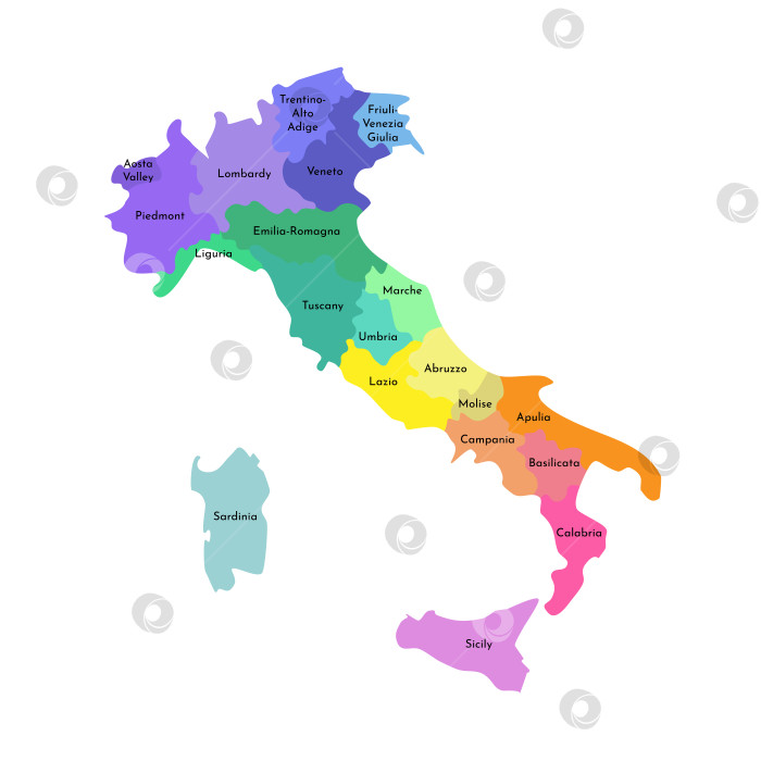 Скачать Векторная изолированная иллюстрация упрощенной административной карты Италии. Границы и названия регионов. Разноцветные силуэты. фотосток Ozero