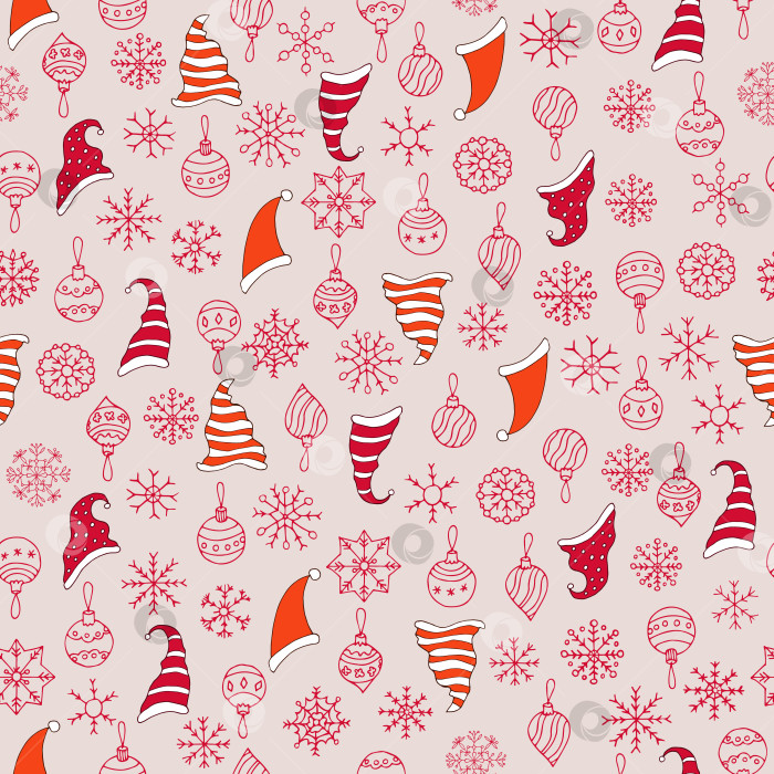 Скачать Бесшовный узор со снежинками, шляпками и рождественскими шарами. фотосток Ozero
