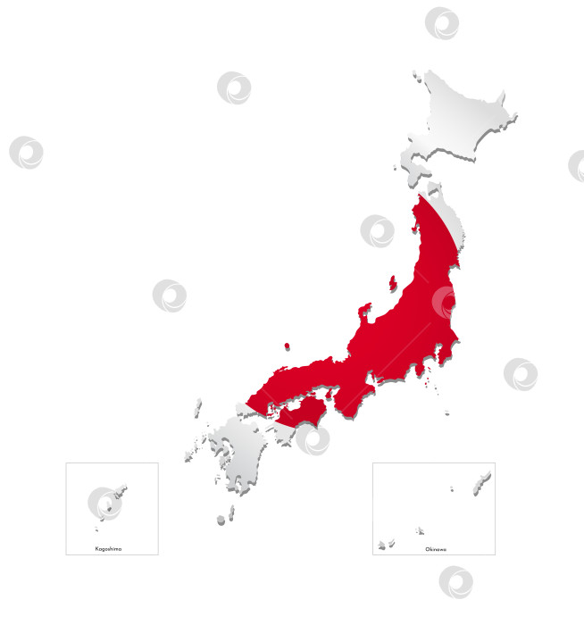 Скачать Векторная изолированная иллюстрация с японским национальным флагом (известным как Хиномару или круг солнца) в форме карты Японии (упрощенной). Объемная тень на карте. Белый фон. фотосток Ozero