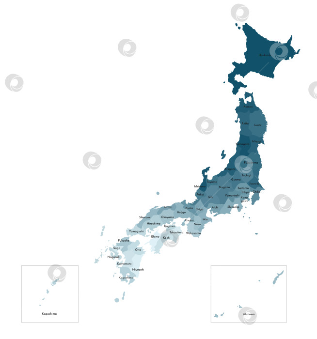 Скачать Векторная изолированная иллюстрация упрощенной административной карты Японии. Границы и названия префектур. Яркие силуэты синего цвета хаки. фотосток Ozero