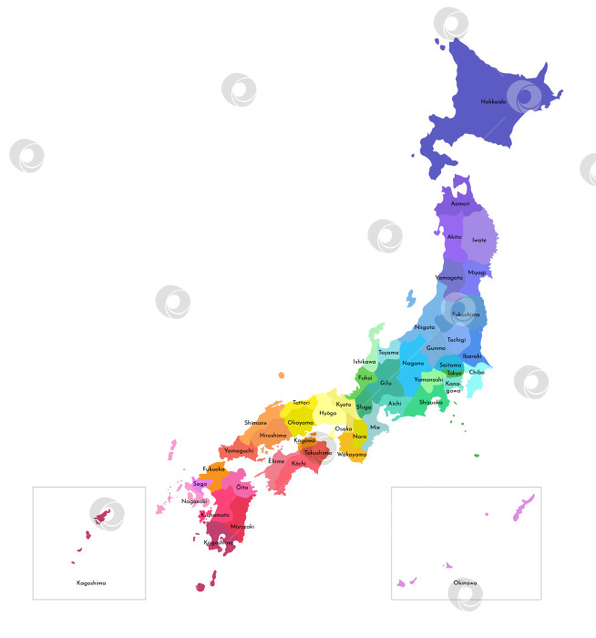 Скачать Векторная изолированная иллюстрация упрощенной административной карты Японии. Границы и названия префектур. Разноцветные силуэты. фотосток Ozero