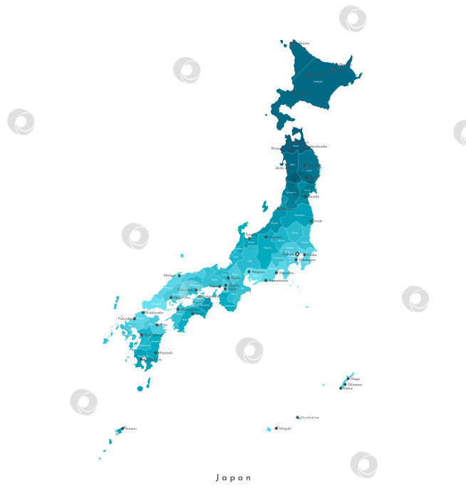 Скачать Векторная изолированная иллюстрация. Упрощенная административная карта Японии. Синие очертания областей. Названия японских городов и префектур. Белый фон фотосток Ozero