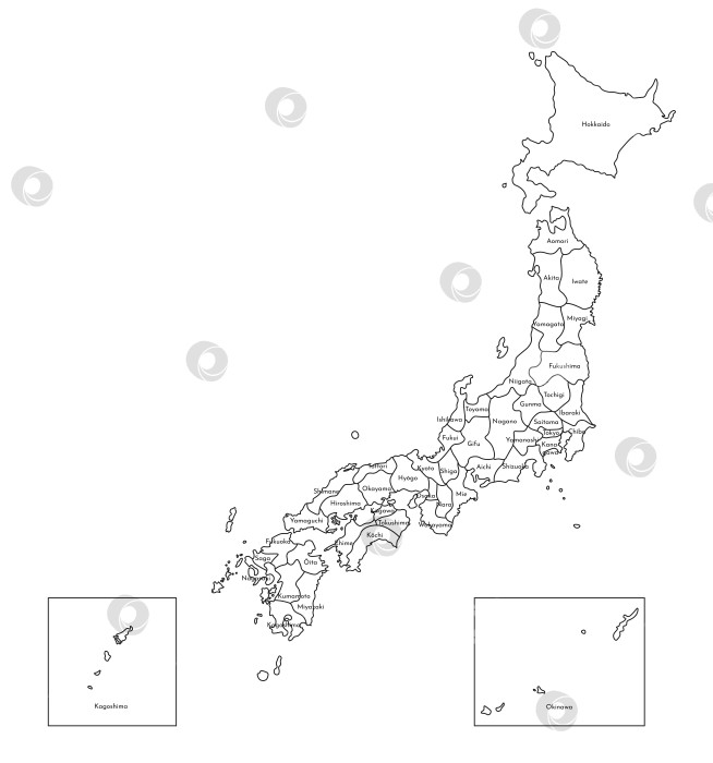 Скачать Векторная изолированная иллюстрация упрощенной административной карты Японии. Границы и названия префектур. Силуэты в виде черных линий. фотосток Ozero