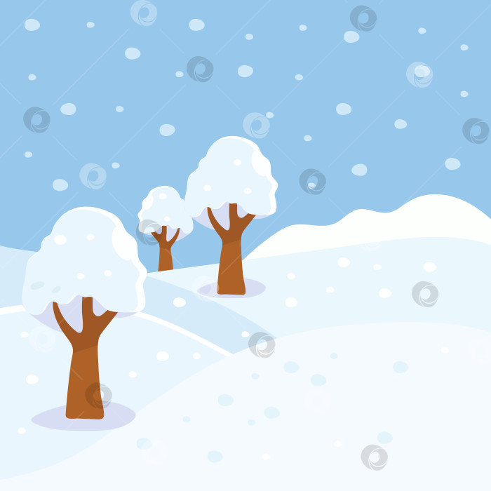 Скачать Зимнее утро, плоская цветная векторная иллюстрация. Снег на зимних холмах и деревьях. Зимний пейзаж. фотосток Ozero