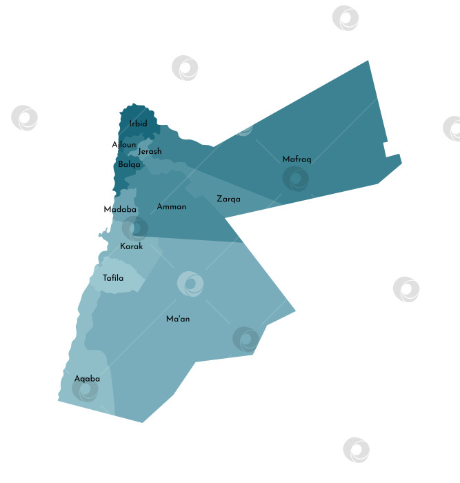 Скачать Векторная изолированная иллюстрация упрощенной административной карты Иордании. Границы и названия провинций (регионов). Яркие силуэты синего цвета хаки фотосток Ozero