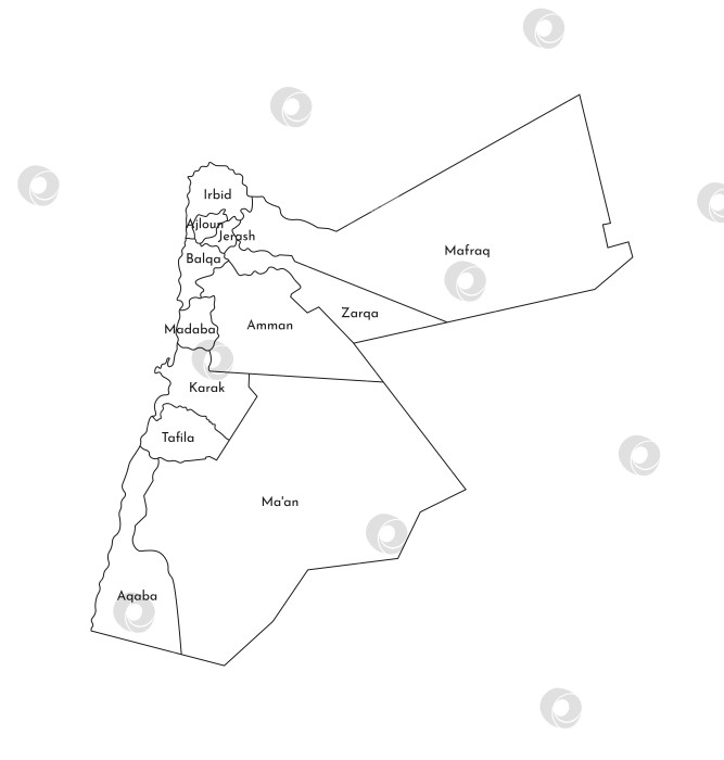 Скачать Векторная изолированная иллюстрация упрощенной административной карты Иордании. Границы и названия провинций (регионов). Силуэты в виде черных линий. фотосток Ozero