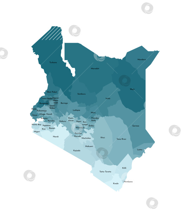 Скачать Векторная изолированная иллюстрация упрощенной административной карты Кении. Границы и названия округов (областей). Яркие силуэты синего цвета хаки фотосток Ozero