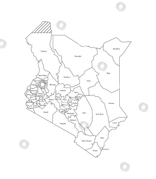 Скачать Векторная изолированная иллюстрация упрощенной административной карты Кении. Границы и названия округов (областей). Силуэты в виде черных линий. фотосток Ozero