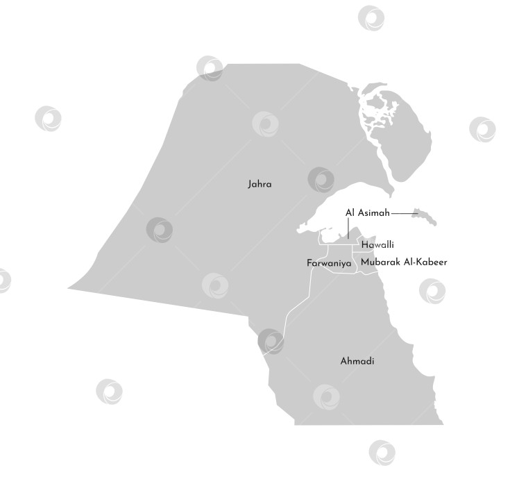 Скачать Векторная изолированная иллюстрация упрощенной административной карты Кувейта. Границы и названия мухафаз (регионов). Серые силуэты. Белый контур фотосток Ozero