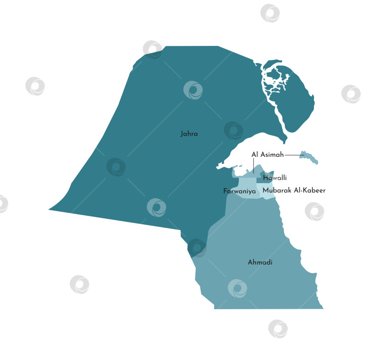 Скачать Векторная изолированная иллюстрация упрощенной административной карты Кувейта. Границы и названия регионов. Яркие силуэты синего цвета хаки фотосток Ozero