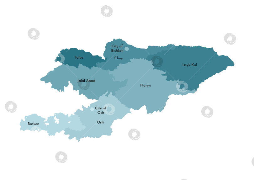 Скачать Векторная изолированная иллюстрация упрощенной административной карты Кыргызстана?. Границы и названия регионов. Яркие силуэты синего цвета хаки фотосток Ozero