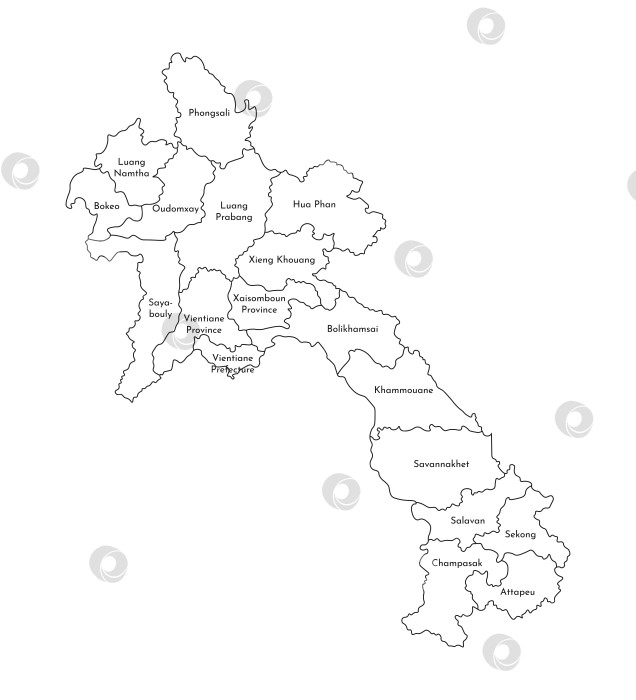 Скачать Векторная изолированная иллюстрация упрощенной административной карты Лаоса. Границы и названия регионов. Силуэты в виде черных линий. фотосток Ozero