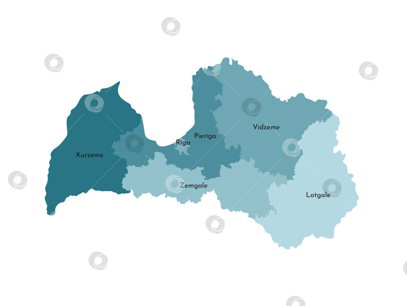 Скачать Векторная изолированная иллюстрация упрощенной административной карты Латвии. Границы и названия регионов. Яркие силуэты синего цвета хаки фотосток Ozero