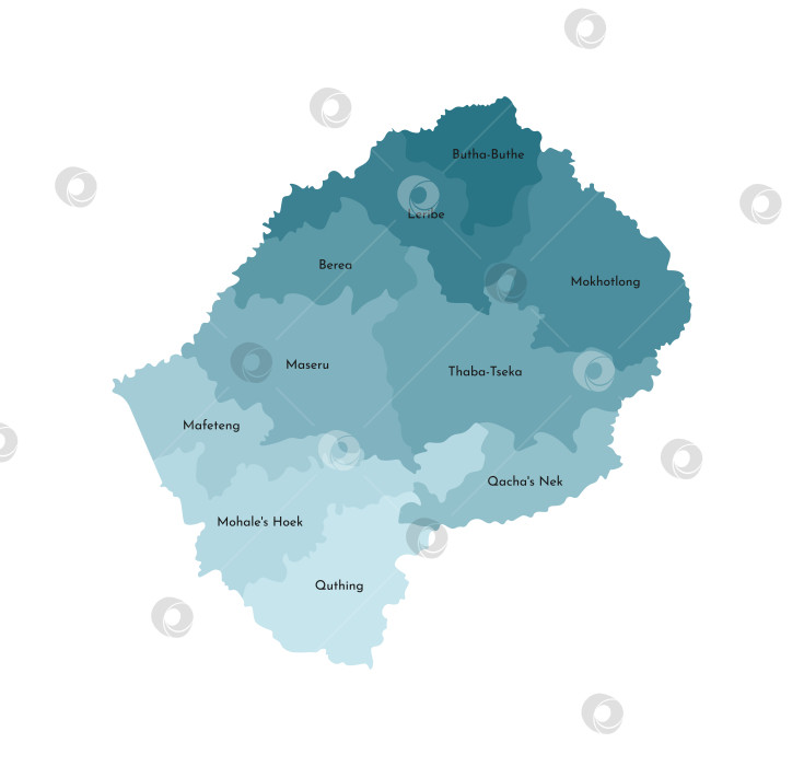 Скачать Векторная изолированная иллюстрация упрощенной административной карты Лесото. Границы и названия районов (областей). Яркие силуэты синего цвета хаки фотосток Ozero