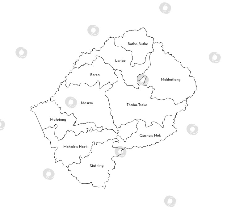 Скачать Векторная изолированная иллюстрация упрощенной административной карты Лесото. Границы и названия районов (областей). Силуэты в виде черных линий. фотосток Ozero