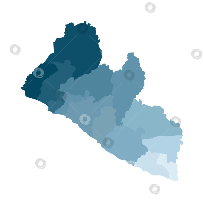 Скачать Векторная изолированная иллюстрация упрощенной административной карты Либерии. Границы графств. Яркие синие градиентные силуэты. Белый фон фотосток Ozero