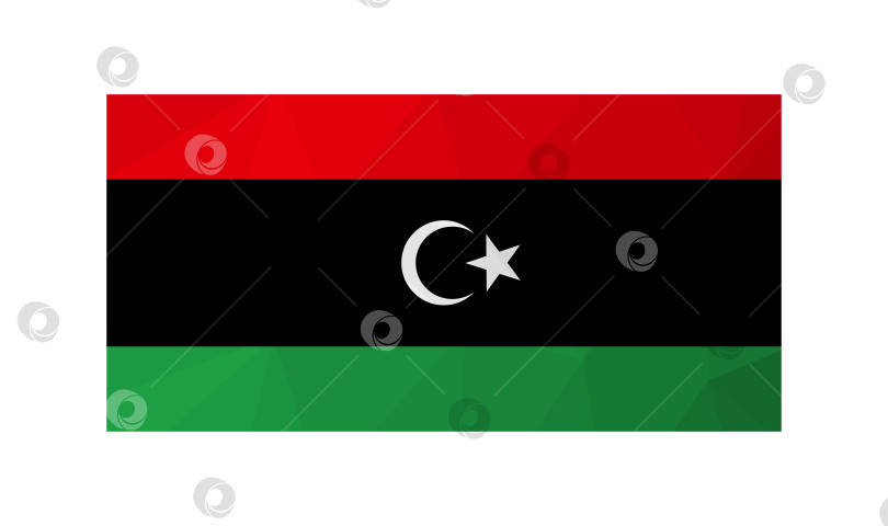 Скачать Векторная иллюстрация. Официальный флаг Ливии. Национальный флаг с красными, черными, зелеными полосами и полумесяцем, звездой. Креативный дизайн в стиле low poly с треугольными формами. Градиентный эффект фотосток Ozero