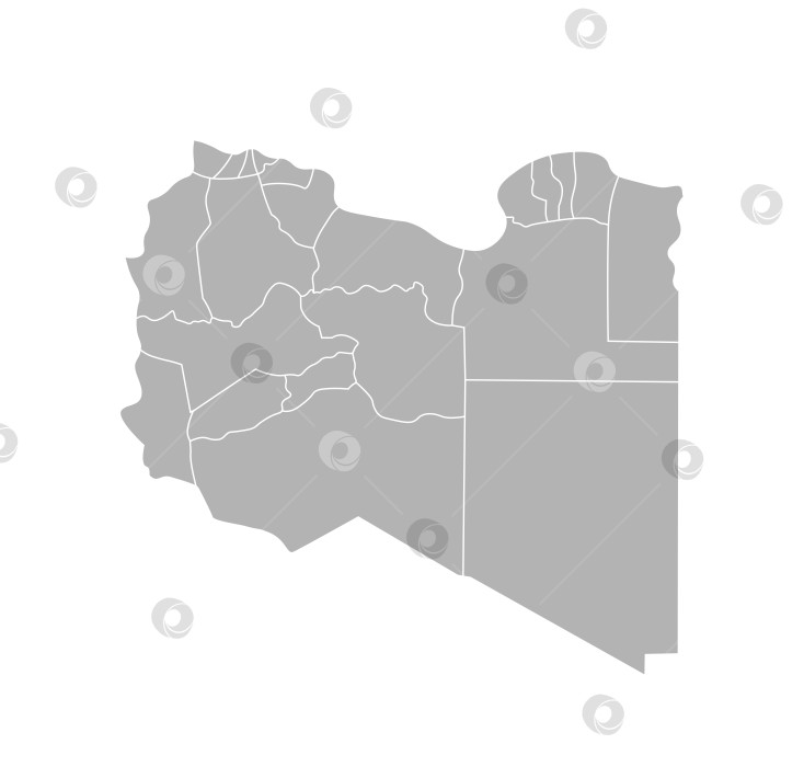 Скачать Векторная изолированная иллюстрация упрощенной административной карты Ливии. Границы и названия районов (областей). Серые силуэты. Белый контур фотосток Ozero
