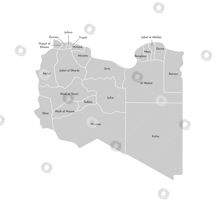 Скачать Векторная изолированная иллюстрация упрощенной административной карты Ливии. Границы и названия районов (областей). Серые силуэты. Белый контур фотосток Ozero