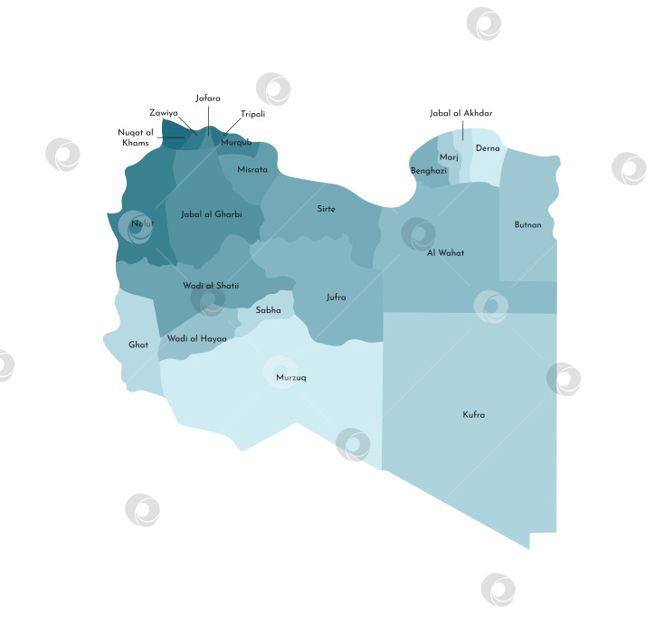 Скачать Векторная изолированная иллюстрация упрощенной административной карты Ливии. Границы и названия районов (областей). Яркие силуэты синего цвета хаки фотосток Ozero