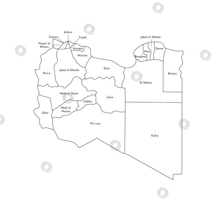 Скачать Векторная изолированная иллюстрация упрощенной административной карты Ливии. Границы и названия районов (областей). Силуэты в виде черных линий. фотосток Ozero