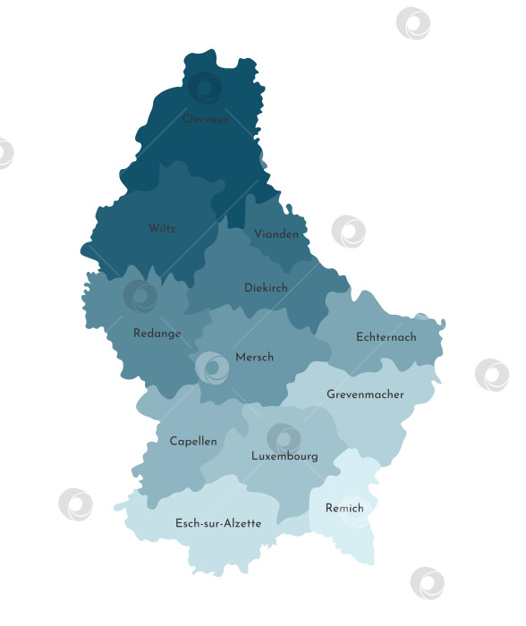 Скачать Векторная изолированная иллюстрация упрощенной административной карты Великого герцогства Люксембург. Границы и названия кантонов. Яркие силуэты синего цвета хаки. фотосток Ozero