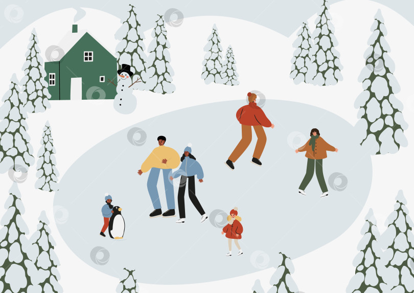 Скачать Плакат зимнего сезона с людьми, катающимися на лыжах, сноуборде, коньках, санках, карточками для печати зимних видов активного отдыха, настенной художественной печатью сцены горного курорта, клипарт с векторной иллюстрацией в плоском стиле. фотосток Ozero