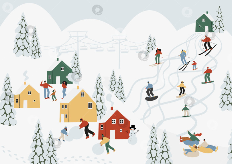 Скачать Плакат зимнего сезона с людьми, катающимися на лыжах, сноуборде, коньках, санках, открытка для печати зимних мероприятий, настенная художественная печать сцены горного курорта, клипарт с векторной иллюстрацией в плоском стиле. фотосток Ozero