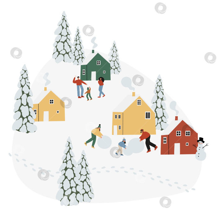 Скачать Векторная иллюстрация мероприятий зимнего сезона со сценами катания людей на лыжах, сноуборде, коньках на льду, санках, тюбингах, клипарт с изображением плоской горной деревни snovy, мультяшный домик. фотосток Ozero