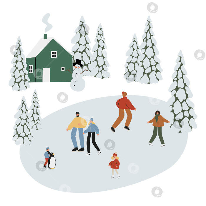 Скачать Векторная иллюстрация мероприятий зимнего сезона со сценами катания людей на лыжах, сноуборде, коньках, санках, тюбингах, клипарт в стиле плоской горной деревни Снови, клипарт с изображением мультяшной хижины. фотосток Ozero