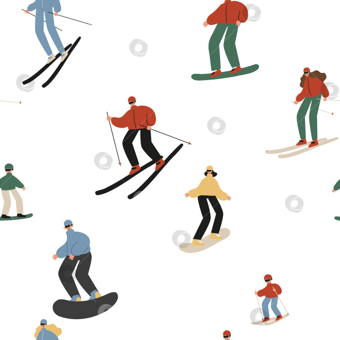 Скачать Бесшовный узор зимнего сезона, люди катаются на лыжах, сноуборде, коньках, изготавливают цифровую бумагу "снежный ангел", бумага для вырезок из зимнего альбома, фон снежного леса, векторная иллюстрация клипарт. фотосток Ozero