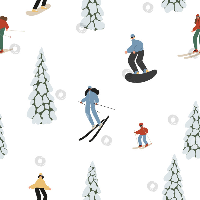 Скачать Бесшовный узор зимнего сезона, люди катаются на лыжах, сноуборде, коньках, делают цифрового снежного ангела из бумаги, бумага для вырезок зимних мероприятий, фон снежного леса, векторная иллюстрация клипарт. фотосток Ozero