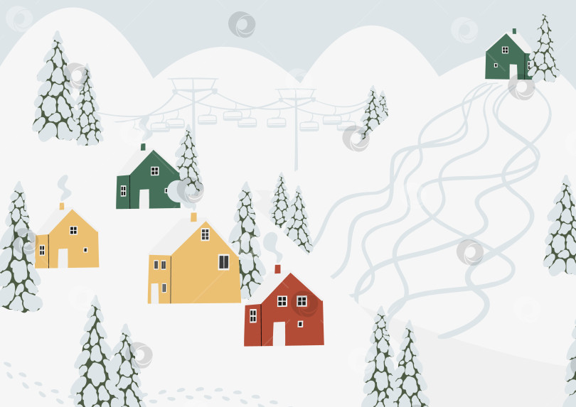 Скачать Клипарт с зимним снежным пейзажем, векторная иллюстрация фона сцены, настенный принт с лесными пейзажами, плакат для печати в горной деревне, цифровая карточка для загрузки зимнего сезона, изображения в стиле квартиры. фотосток Ozero