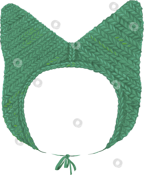 Скачать Кошачья зеленая шапочка, вязаная крючком с ушками. Акварельная иллюстрация фотосток Ozero