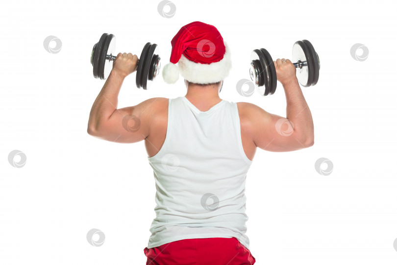 Скачать Рождество. Вид сзади мускулистого сильного спортсмена в костюме Санта-Клауса, поднимающего тяжелые гантели, демонстрирующие его бицепсы, выделенные на белом фоне фотосток Ozero