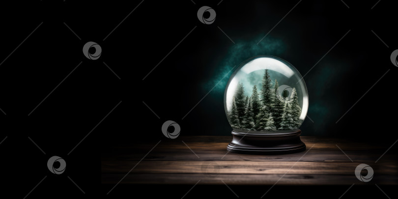 Скачать Поколение искусственного интеллекта. Снежный шар с елями и горами внутри на деревянном столе ночью. Пустое пространство. фотосток Ozero