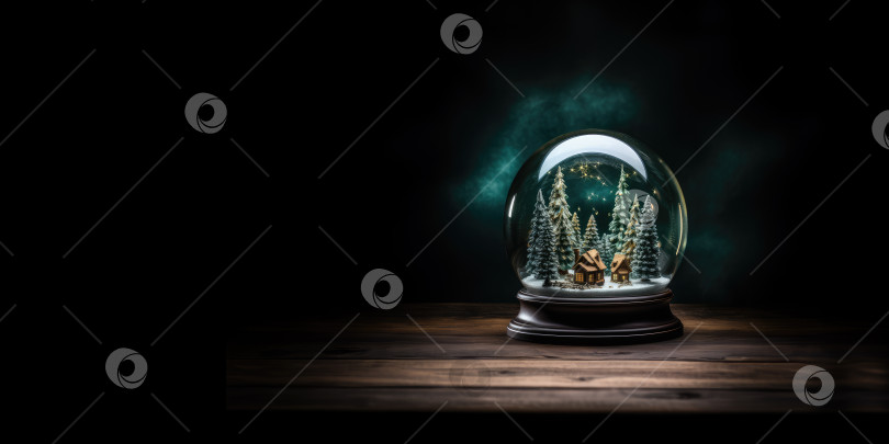 Скачать Поколение искусственного интеллекта. Снежный шар с елками внутри на деревянном столе ночью. Пустое пространство. фотосток Ozero