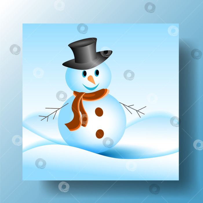Скачать Поздравительная открытка с Рождеством и новым годом с местом для копирования и милым снеговиком, стоящим на фоне зимнего Рождества, пейзажный снегопад фотосток Ozero