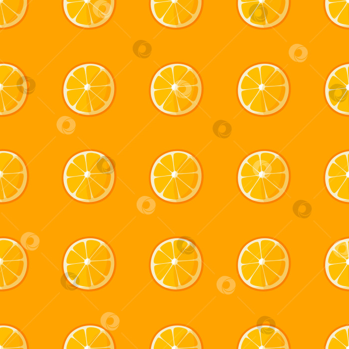 Скачать Бесшовный узор из круглых одинаковых ломтиков апельсина с листьями на оранжевом фоне. Цитрусовый фон для летних тканей, обоев, плакатов с оранжевыми товарами, оберточной бумаги. Векторная иллюстрация. фотосток Ozero