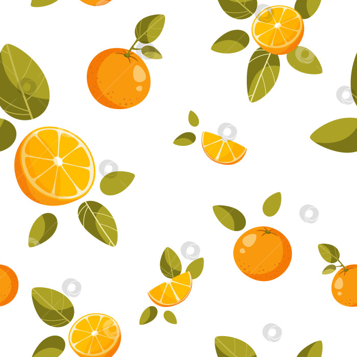 Скачать Бесшовный узор: целые апельсины, половинки и дольки апельсина с зелеными листьями на белом фоне. Абстрактный фруктовый фон. Идеально подходит для производства текстиля, обоев, плакатов и т.д. Векторная иллюстрация фотосток Ozero