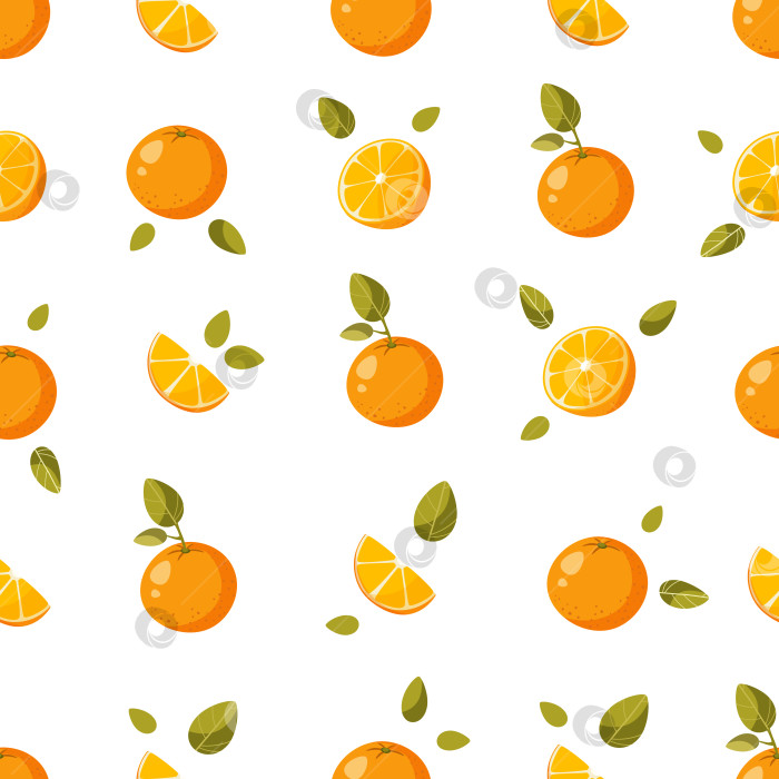 Скачать Бесшовный узор: целые апельсины, половинки и дольки апельсина с зелеными листьями на белом фоне. Фруктовый фон. Идеально подходит для производства текстиля, обоев, плакатов и т.д. Векторная иллюстрация. фотосток Ozero