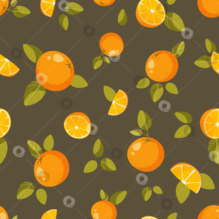 Скачать Бесшовный узор: целые апельсины, половинки и дольки апельсина с зелеными листьями на темном фоне. Абстрактный фруктовый фон. Идеально подходит для производства текстиля, обоев, плакатов и т.д. Векторная иллюстрация фотосток Ozero