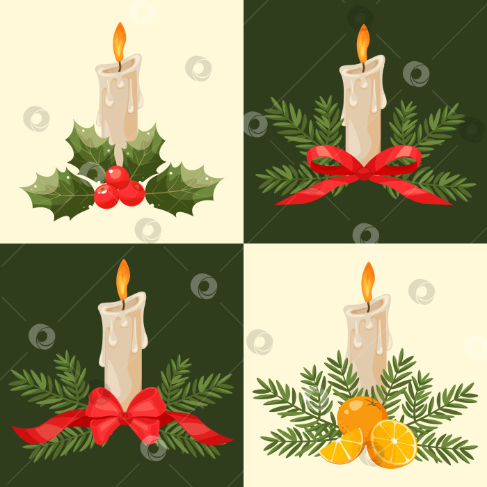 Скачать Рождественская открытка, состоящая из набора различных рисунков. Свеча украшена еловыми ветками, красной лентой, апельсинами, ягодами и листьями остролиста, снежинками на зеленом фоне. Новогодняя поздравительная открытка. фотосток Ozero
