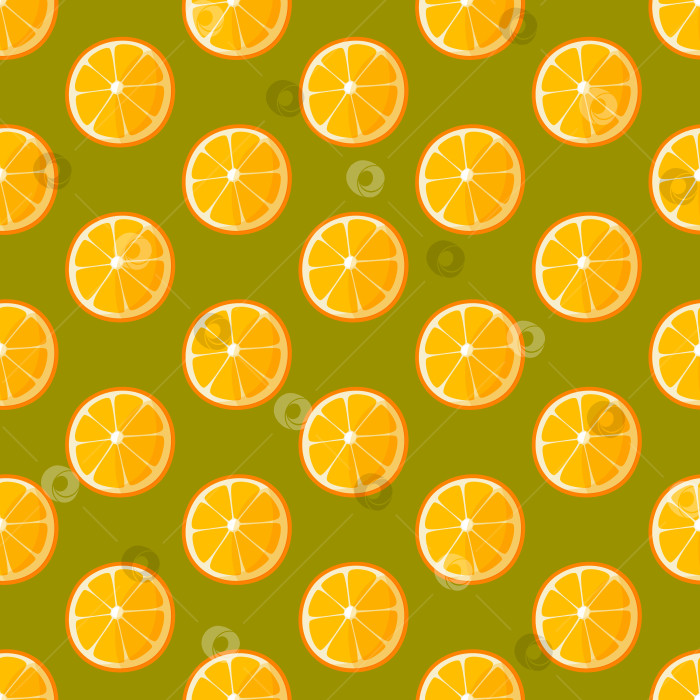 Скачать Бесшовный узор из круглых одинаковых ломтиков апельсина с листьями на зеленом фоне. Цитрусовый фон для летних тканей, обоев, плакатов с оранжевыми товарами, оберточной бумаги. Векторная иллюстрация. фотосток Ozero