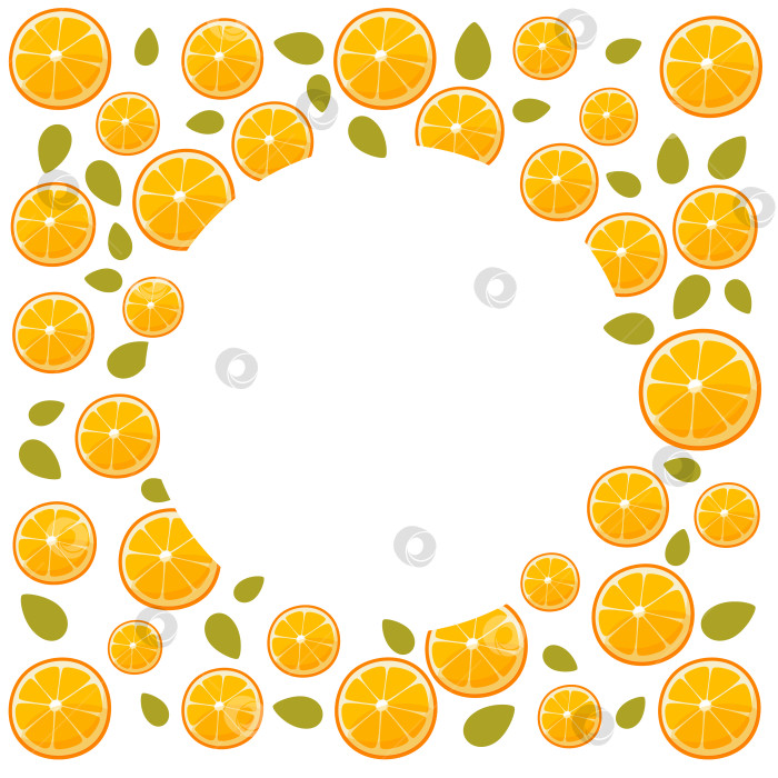 Скачать Рамка из круглых одинаковых ломтиков апельсина с листьями на белом фоне. Круг с пустым пространством для текста посередине. Цитрусовый фон для плакатов, открыток с апельсиновыми продуктами. Векторная иллюстрация. фотосток Ozero