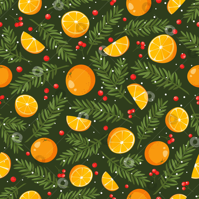 Скачать Бесшовный векторный узор из рождественских украшений, еловых веток, апельсинов, ягод остролиста, снежинок на зеленом фоне. Декоративный новогодний узор для праздничной упаковки, фотосток Ozero