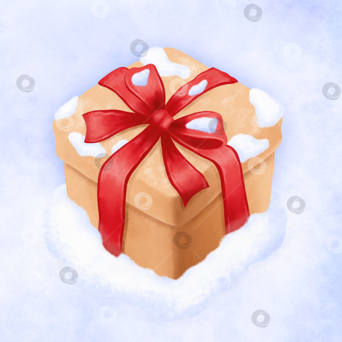 Скачать Симпатичная подарочная коробка на фоне снега. Цифровая акварель. фотосток Ozero