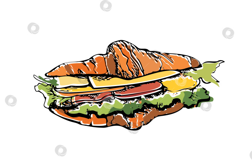 Скачать Цветной эскиз сэндвича с круассаном, нарисованный от руки фотосток Ozero