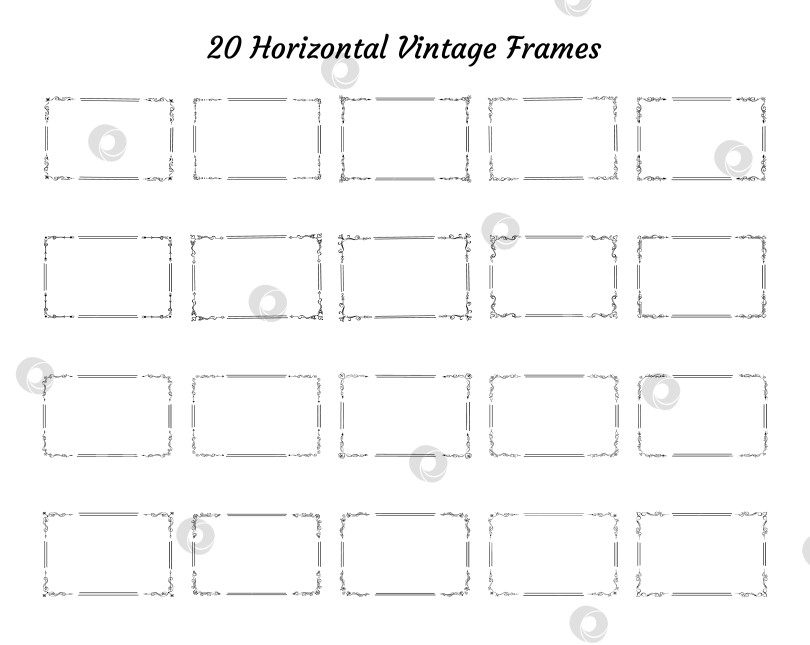 Скачать Набор из 20 элегантных ретро-винтажных декоративных рамок, угловых завитушек, коллекции уникальных шаблонов прямоугольных виньеток, элементов дизайна фотосток Ozero